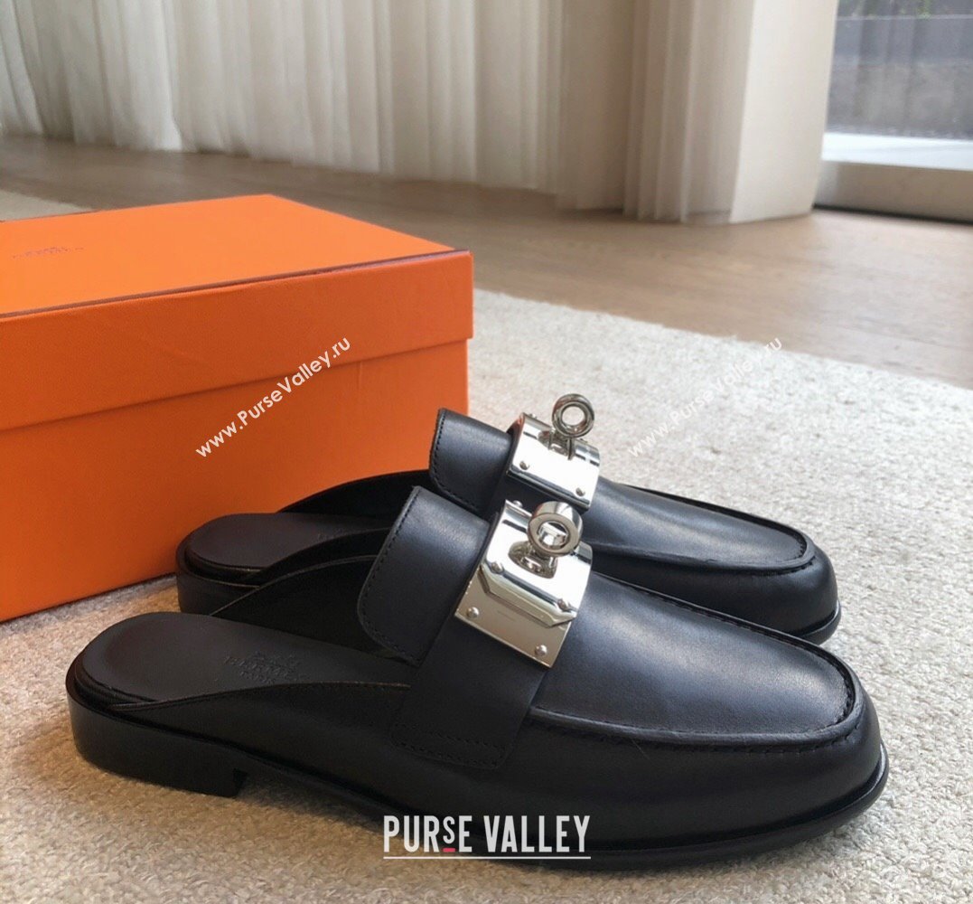 Hermes Iota mules Black in calfskin with iconic oversized Kelly buckle 2024 (modeng-24022621)