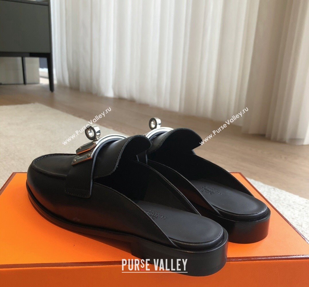 Hermes Iota mules Black in calfskin with iconic oversized Kelly buckle 2024 (modeng-24022621)