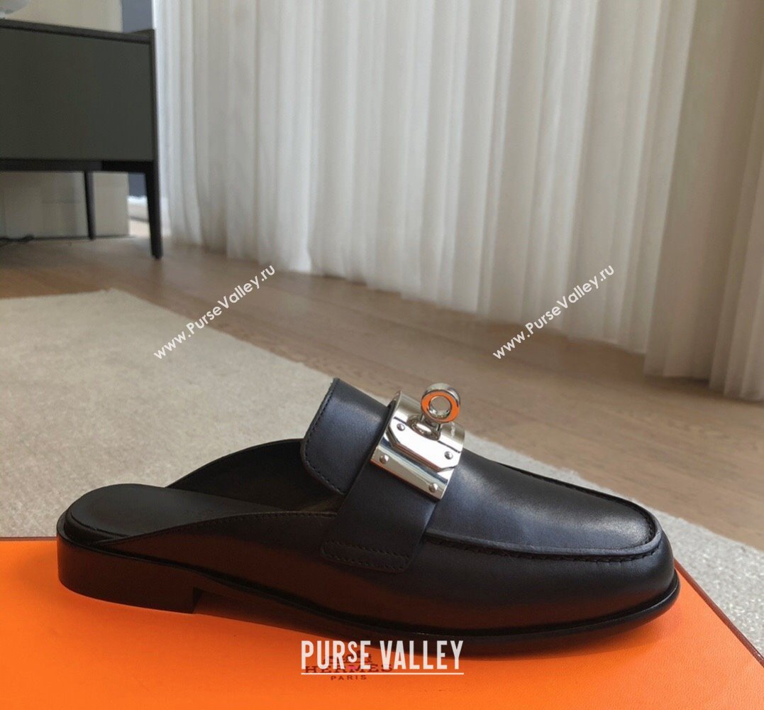 Hermes Iota mules Black in calfskin with iconic oversized Kelly buckle 2024 (modeng-24022621)