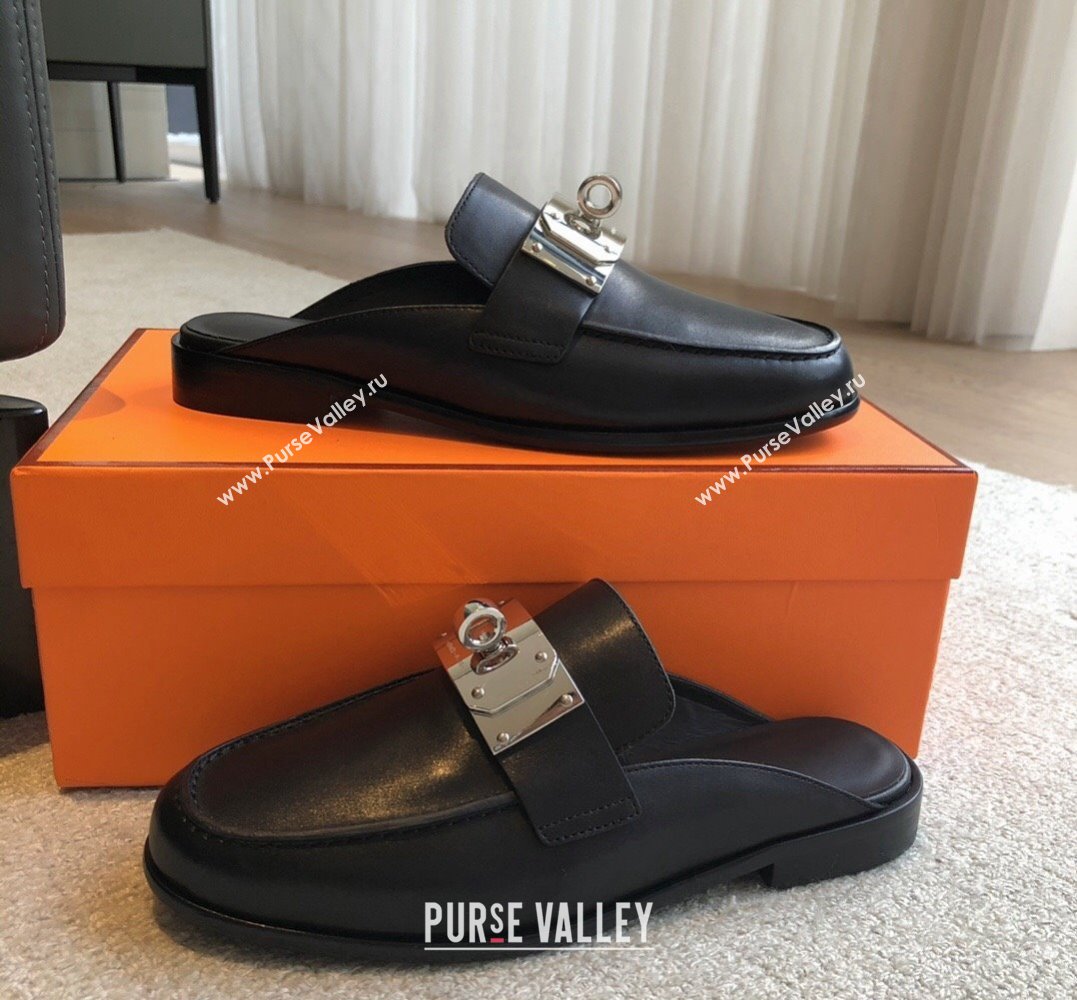 Hermes Iota mules Black in calfskin with iconic oversized Kelly buckle 2024 (modeng-24022621)