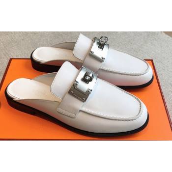 Hermes Iota mules White in calfskin with iconic oversized Kelly buckle 2024 (modeng-24022622)