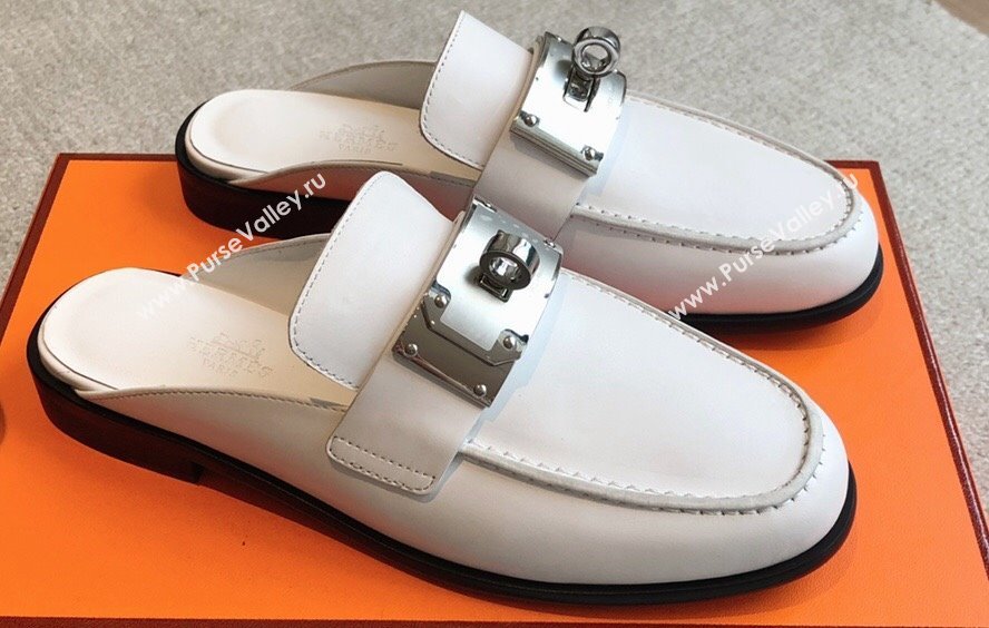 Hermes Iota mules White in calfskin with iconic oversized Kelly buckle 2024 (modeng-24022622)