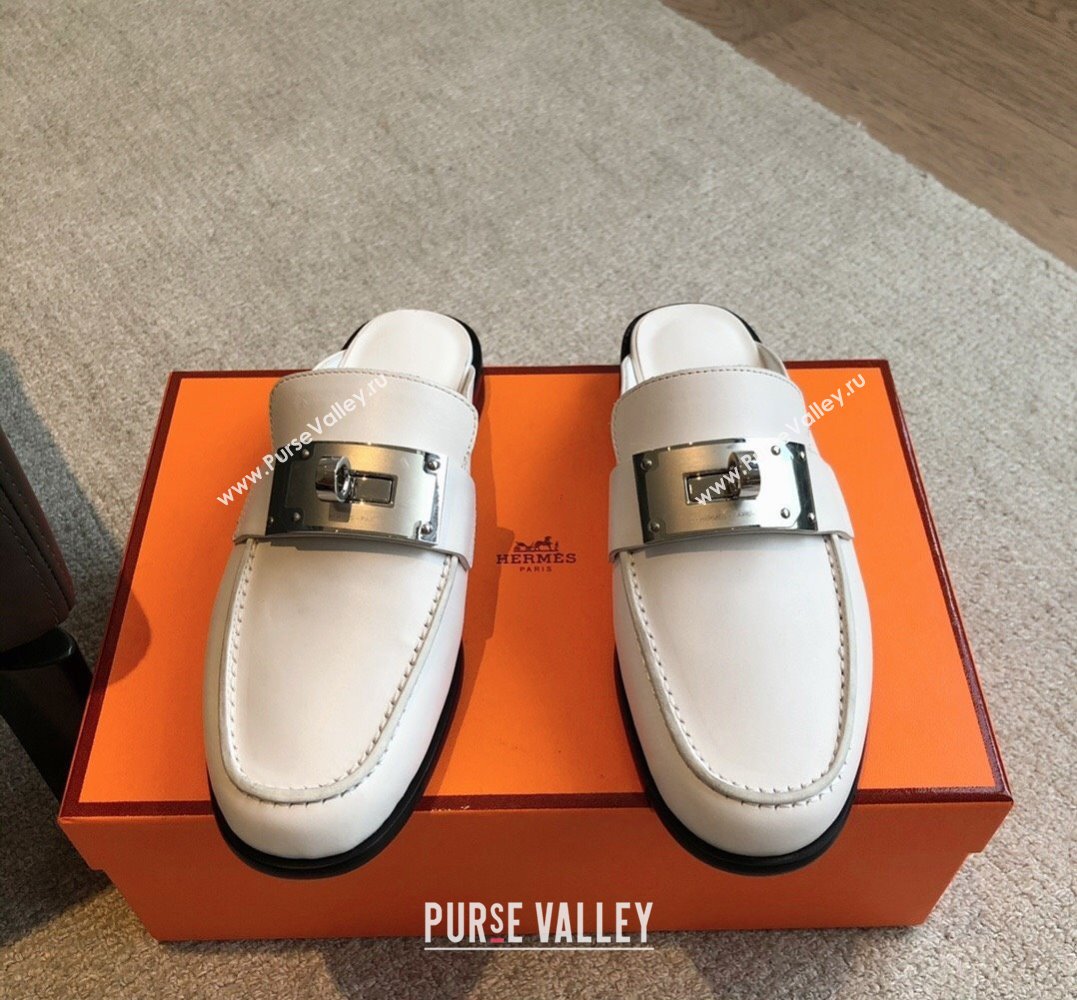 Hermes Iota mules White in calfskin with iconic oversized Kelly buckle 2024 (modeng-24022622)