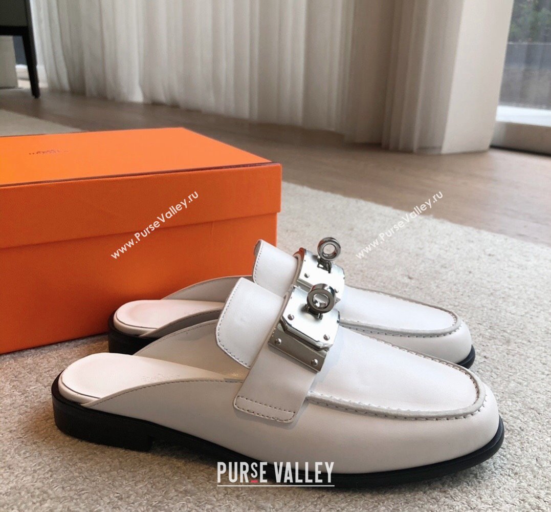 Hermes Iota mules White in calfskin with iconic oversized Kelly buckle 2024 (modeng-24022622)