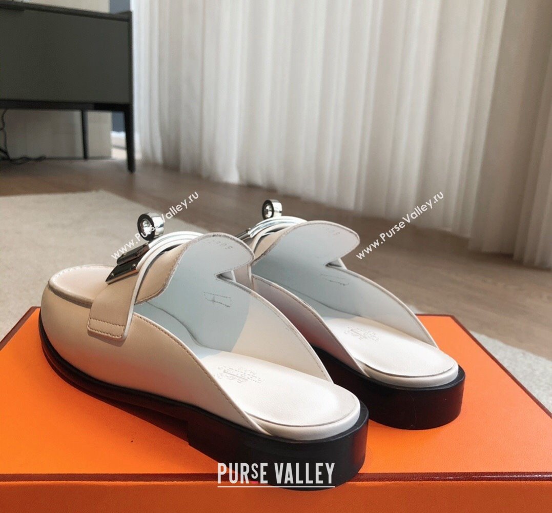 Hermes Iota mules White in calfskin with iconic oversized Kelly buckle 2024 (modeng-24022622)