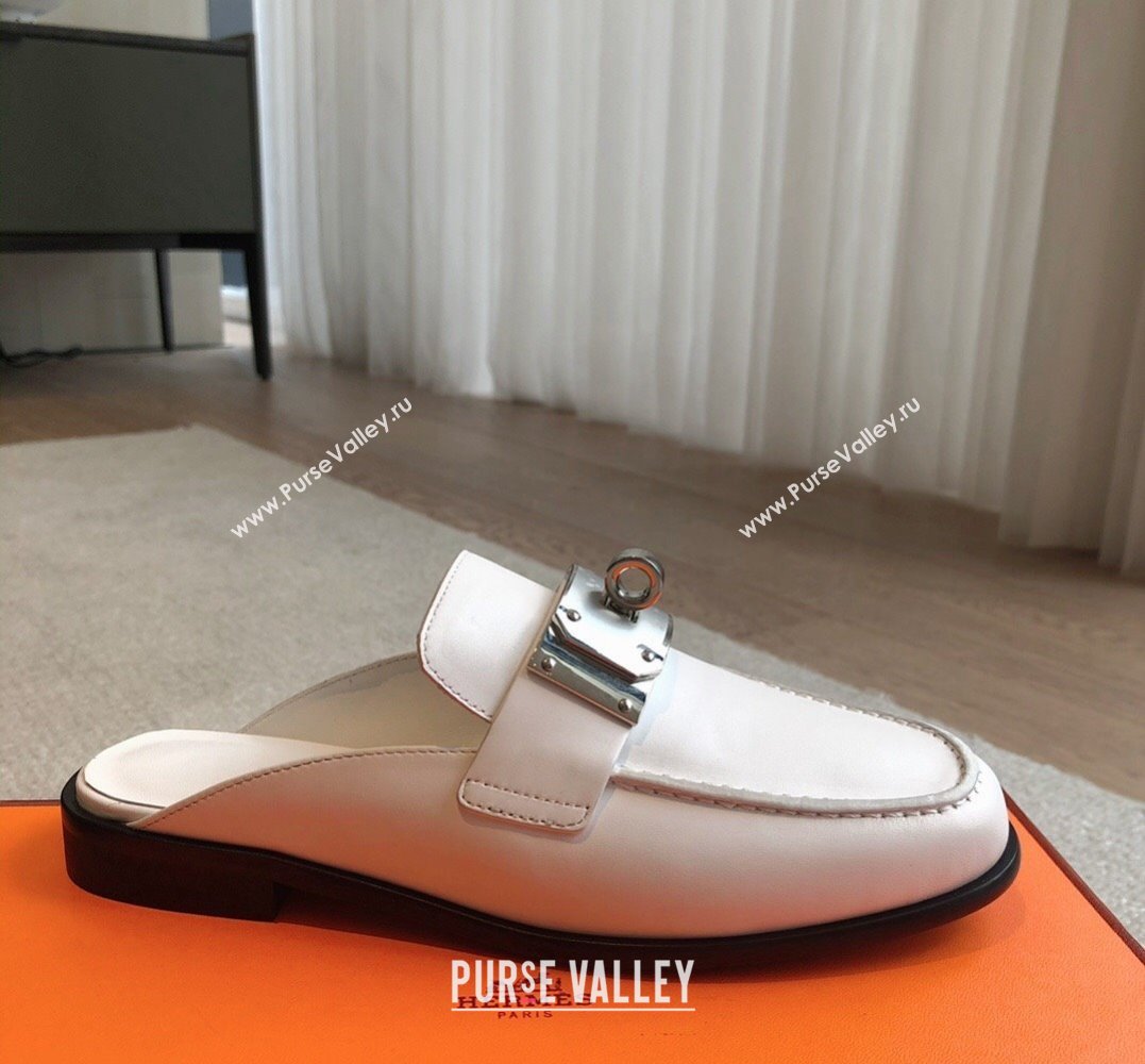 Hermes Iota mules White in calfskin with iconic oversized Kelly buckle 2024 (modeng-24022622)