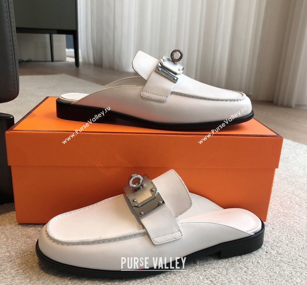 Hermes Iota mules White in calfskin with iconic oversized Kelly buckle 2024 (modeng-24022622)