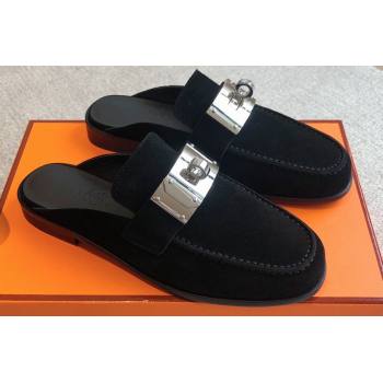 Hermes Iota mules Black in suede goatskin with iconic oversized Kelly buckle 2024 (modeng-24022624)