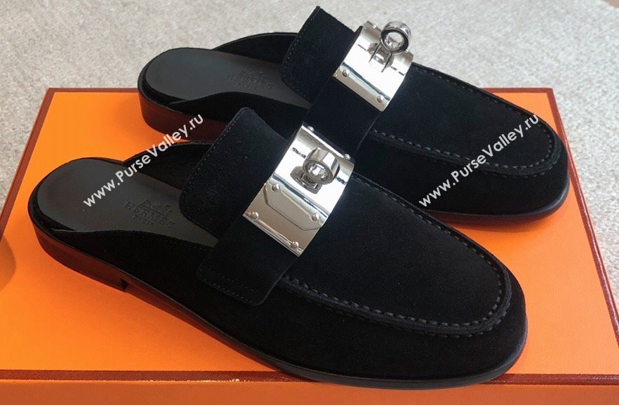 Hermes Iota mules Black in suede goatskin with iconic oversized Kelly buckle 2024 (modeng-24022624)