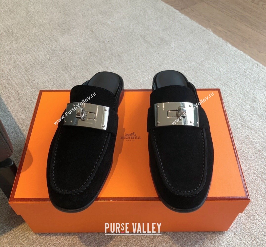 Hermes Iota mules Black in suede goatskin with iconic oversized Kelly buckle 2024 (modeng-24022624)