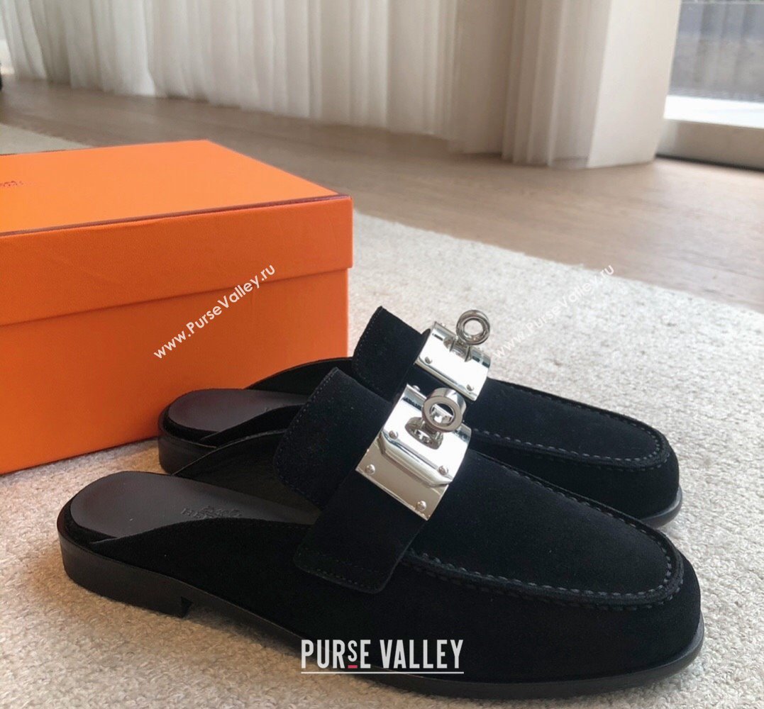 Hermes Iota mules Black in suede goatskin with iconic oversized Kelly buckle 2024 (modeng-24022624)