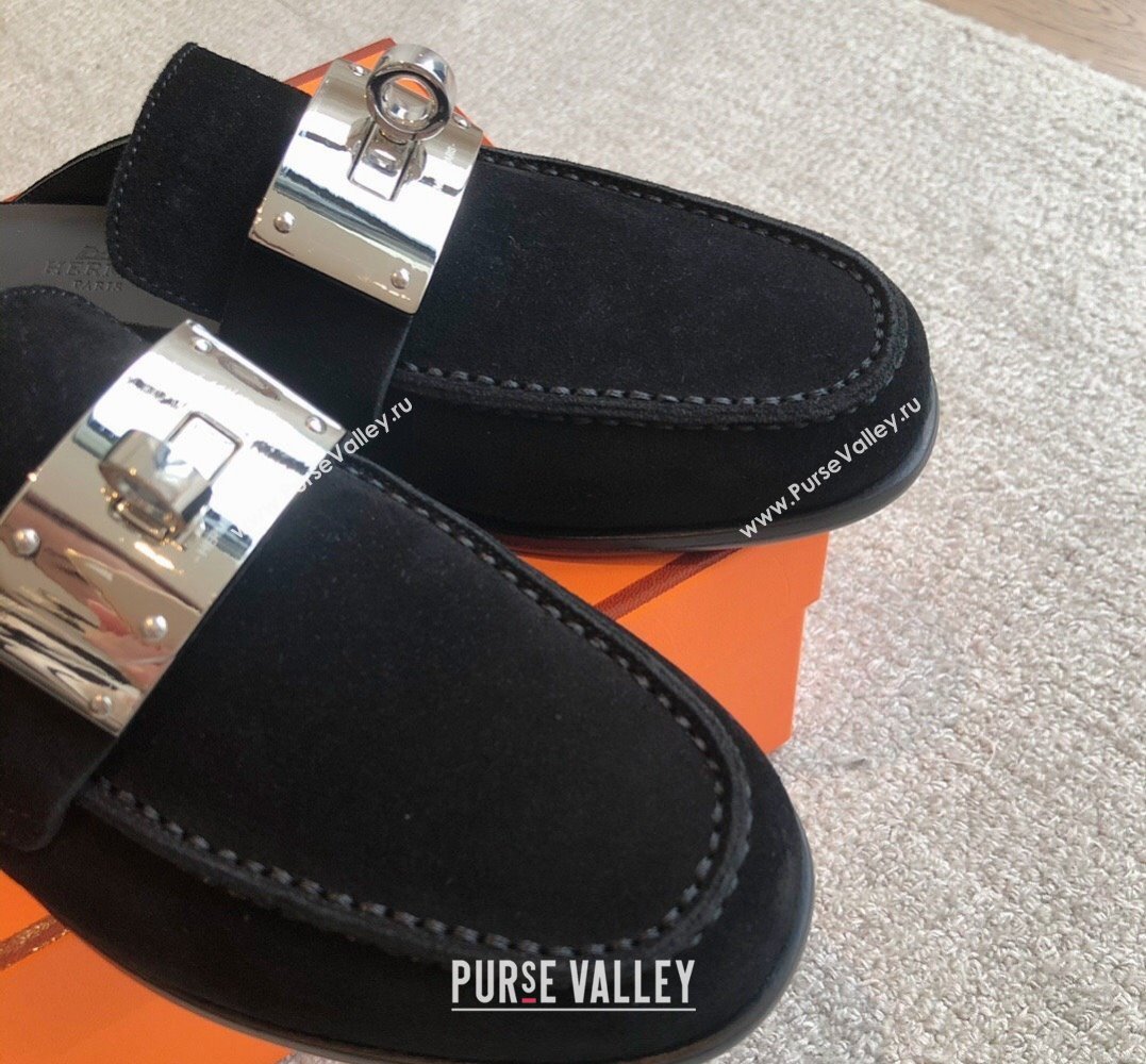 Hermes Iota mules Black in suede goatskin with iconic oversized Kelly buckle 2024 (modeng-24022624)