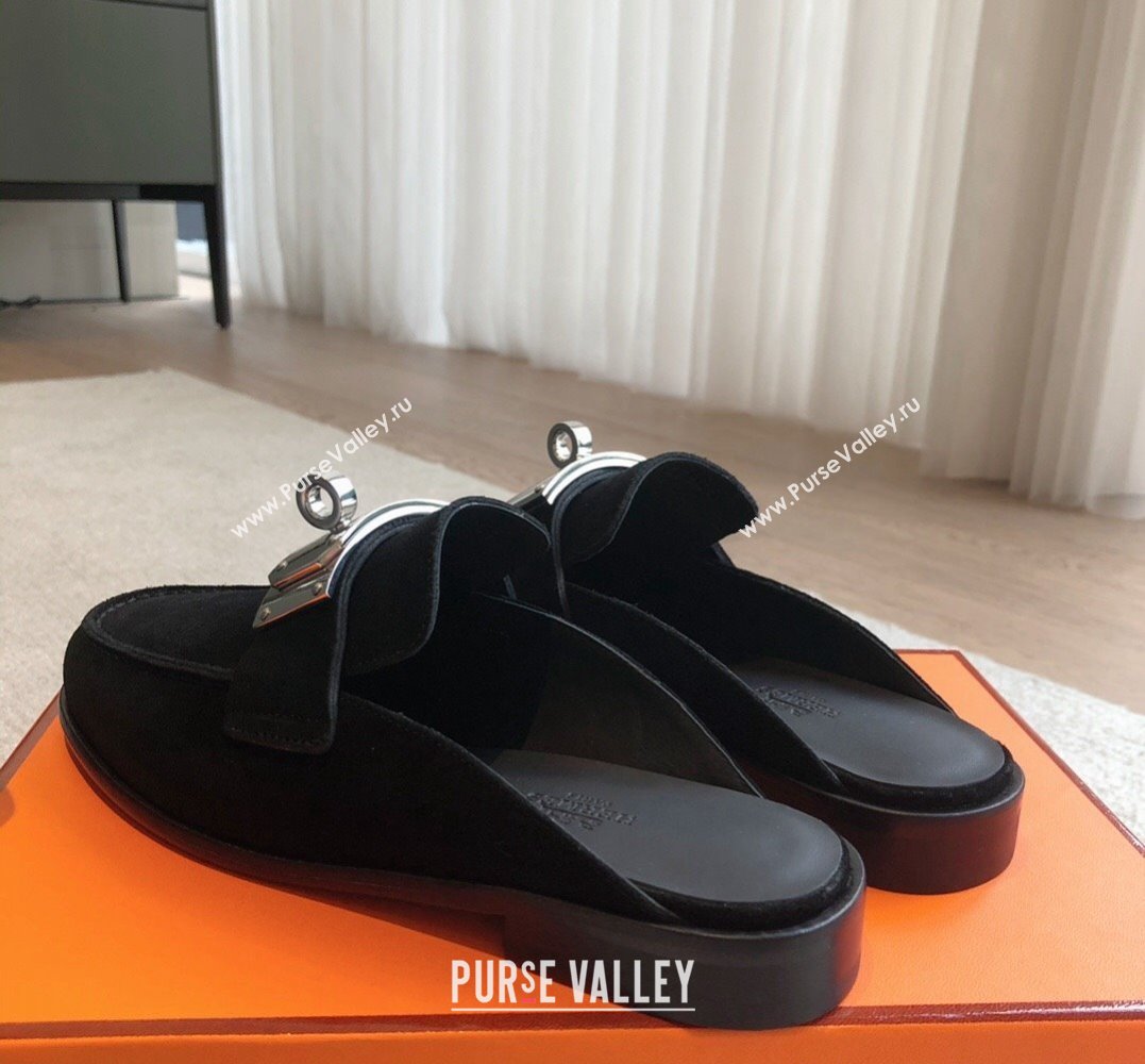 Hermes Iota mules Black in suede goatskin with iconic oversized Kelly buckle 2024 (modeng-24022624)