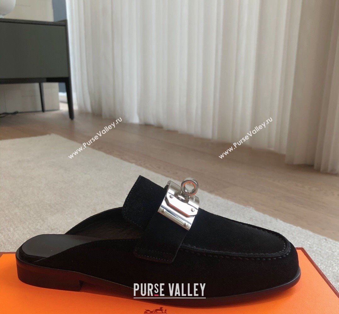 Hermes Iota mules Black in suede goatskin with iconic oversized Kelly buckle 2024 (modeng-24022624)