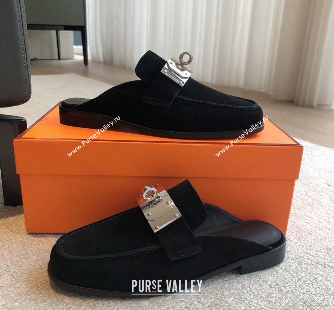 Hermes Iota mules Black in suede goatskin with iconic oversized Kelly buckle 2024 (modeng-24022624)