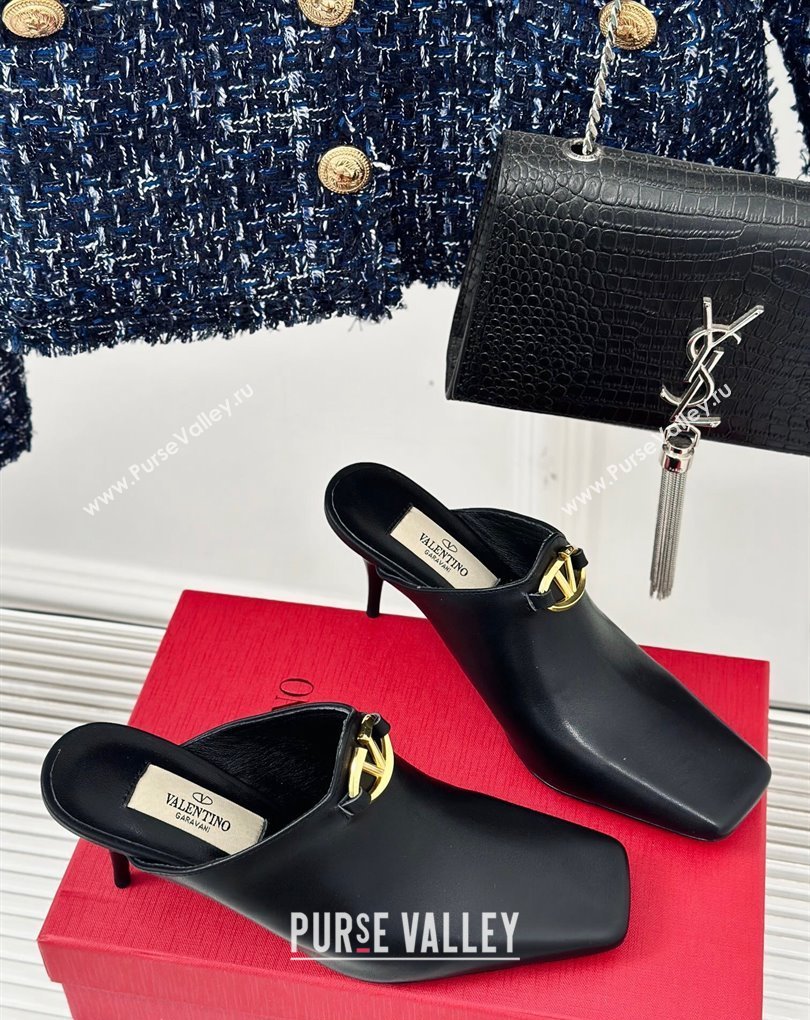 Valentino Heel 7.5cm The Bold Edition VLogo Mules Leather Black 2024 (modeng-24022201)