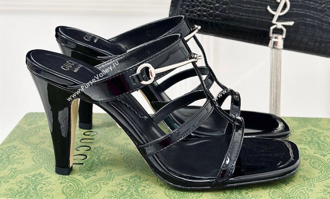 Gucci Heel 9.5cm slim Horsebit slide sandals 776643 Leather Black 2024 (modeng-24022208)