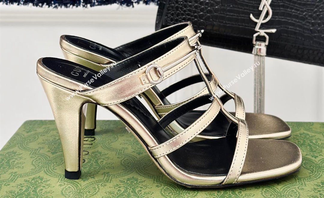 Gucci Heel 9.5cm slim Horsebit slide sandals 776643 Leather Gold 2024 (modeng-24022214)