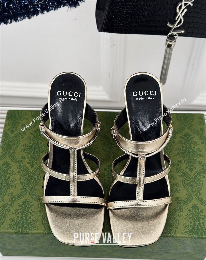 Gucci Heel 9.5cm slim Horsebit slide sandals 776643 Leather Gold 2024 (modeng-24022214)