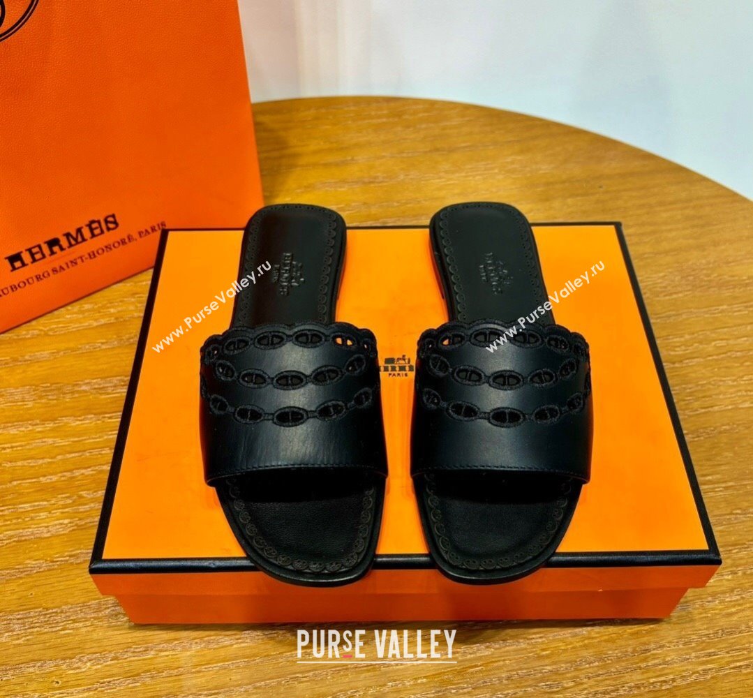 Hermes Gaelle sandals Black in Calfskin with with signature Chaine dAncre embroidery Top Quality 2024 (mingdu-24022631)