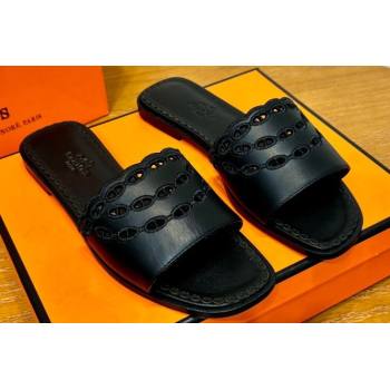 Hermes Gaelle sandals Black in Calfskin with with signature Chaine dAncre embroidery Top Quality 2024 (mingdu-24022631)