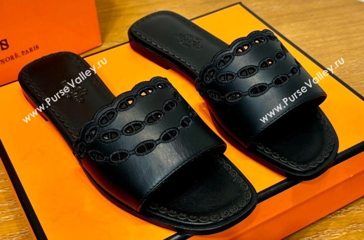 Hermes Gaelle sandals Black in Calfskin with with signature Chaine dAncre embroidery Top Quality 2024 (mingdu-24022631)