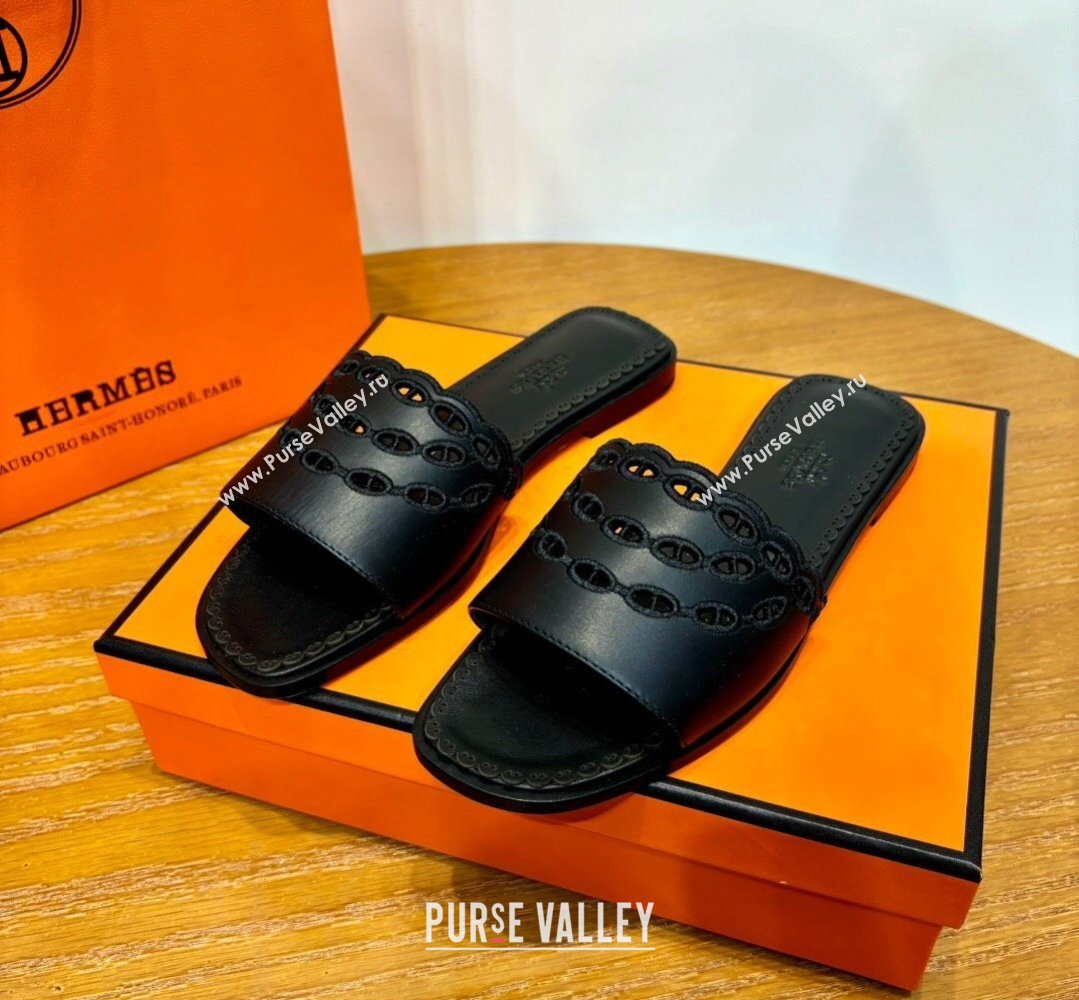 Hermes Gaelle sandals Black in Calfskin with with signature Chaine dAncre embroidery Top Quality 2024 (mingdu-24022631)