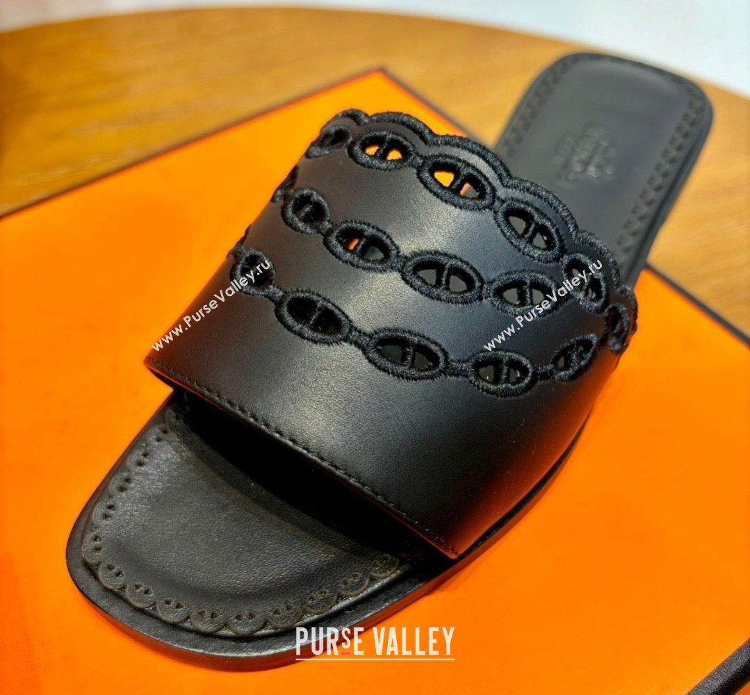 Hermes Gaelle sandals Black in Calfskin with with signature Chaine dAncre embroidery Top Quality 2024 (mingdu-24022631)