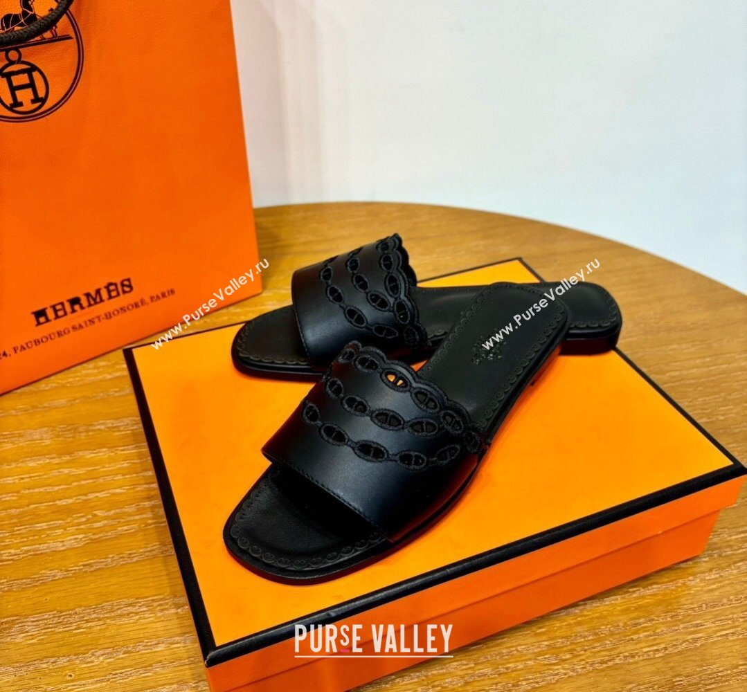 Hermes Gaelle sandals Black in Calfskin with with signature Chaine dAncre embroidery Top Quality 2024 (mingdu-24022631)