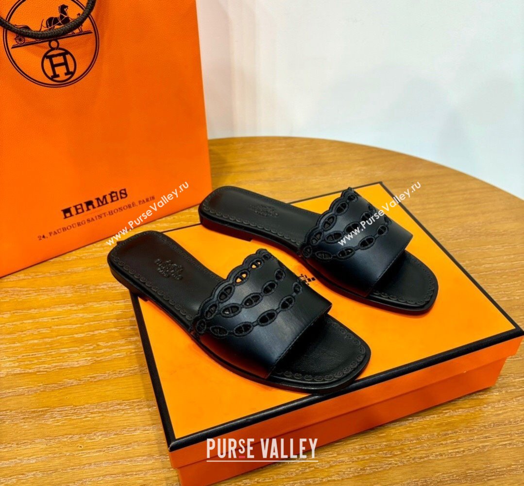 Hermes Gaelle sandals Black in Calfskin with with signature Chaine dAncre embroidery Top Quality 2024 (mingdu-24022631)