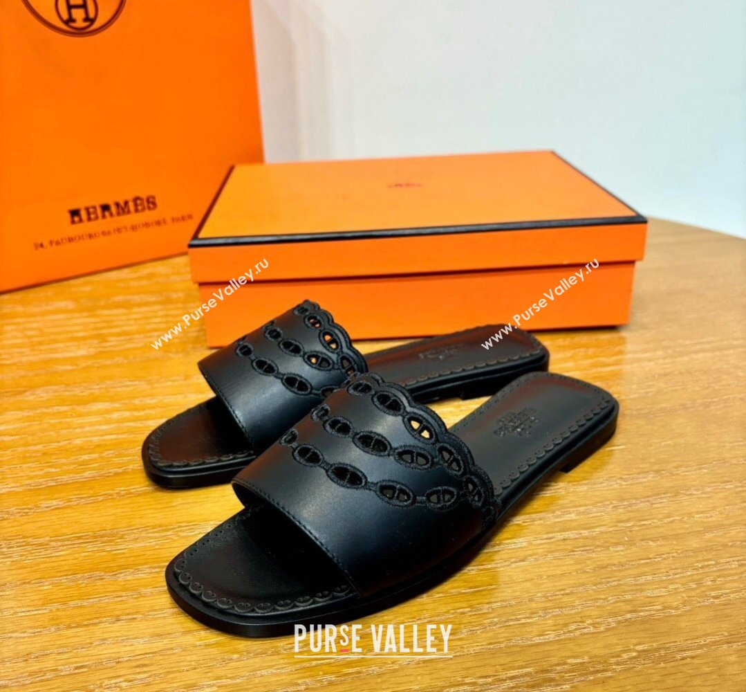 Hermes Gaelle sandals Black in Calfskin with with signature Chaine dAncre embroidery Top Quality 2024 (mingdu-24022631)