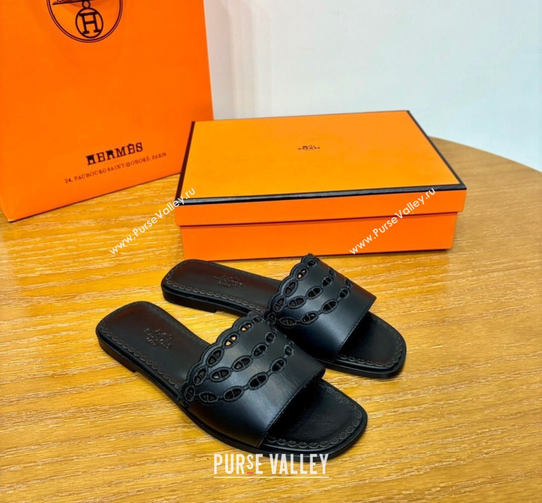 Hermes Gaelle sandals Black in Calfskin with with signature Chaine dAncre embroidery Top Quality 2024 (mingdu-24022631)