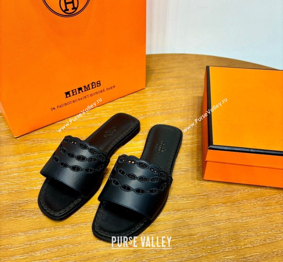 Hermes Gaelle sandals Black in Calfskin with with signature Chaine dAncre embroidery Top Quality 2024 (mingdu-24022631)