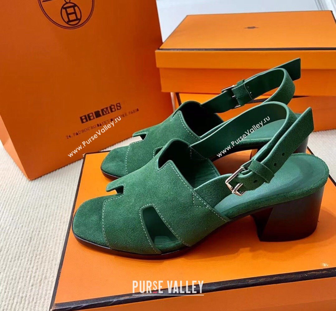 Hermes Elbe 60 sandals Green in suede goatskin with H cut-out details Top Quality 2024 (mingdu-24022601)