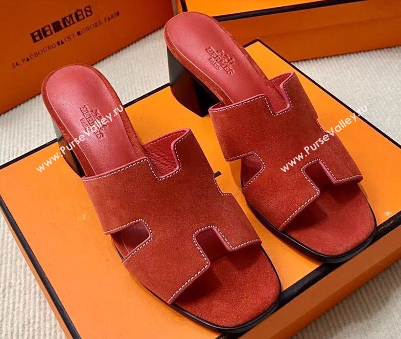 Hermes Helia 60 sandals Red in suede goatskin with H cut-out details Top Quality 2024 (mingdu-24022606)