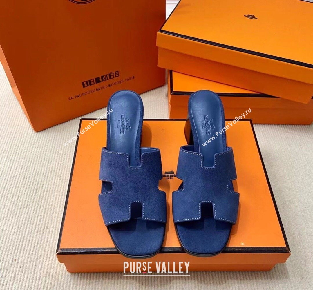 Hermes Helia 60 sandals Blue in suede goatskin with H cut-out details Top Quality 2024 (mingdu-24022605)