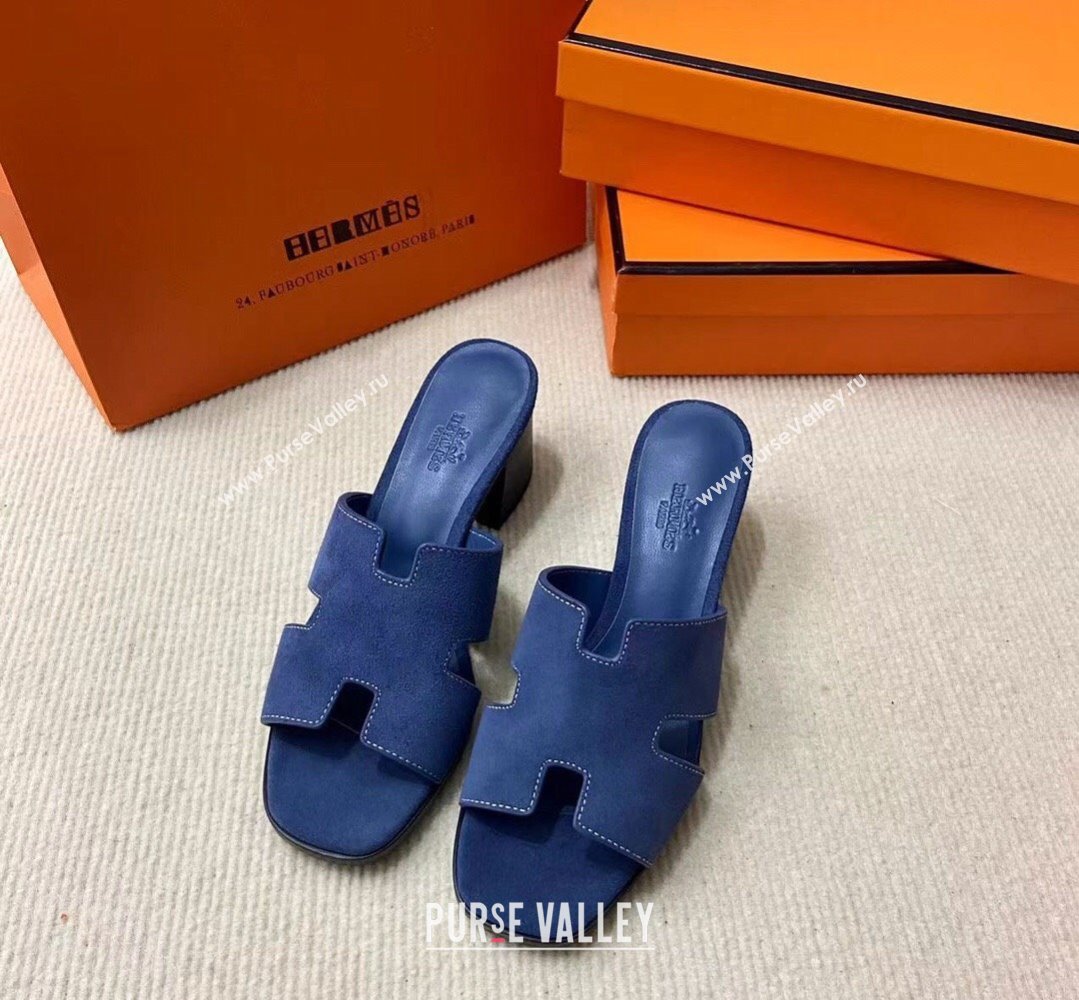 Hermes Helia 60 sandals Blue in suede goatskin with H cut-out details Top Quality 2024 (mingdu-24022605)