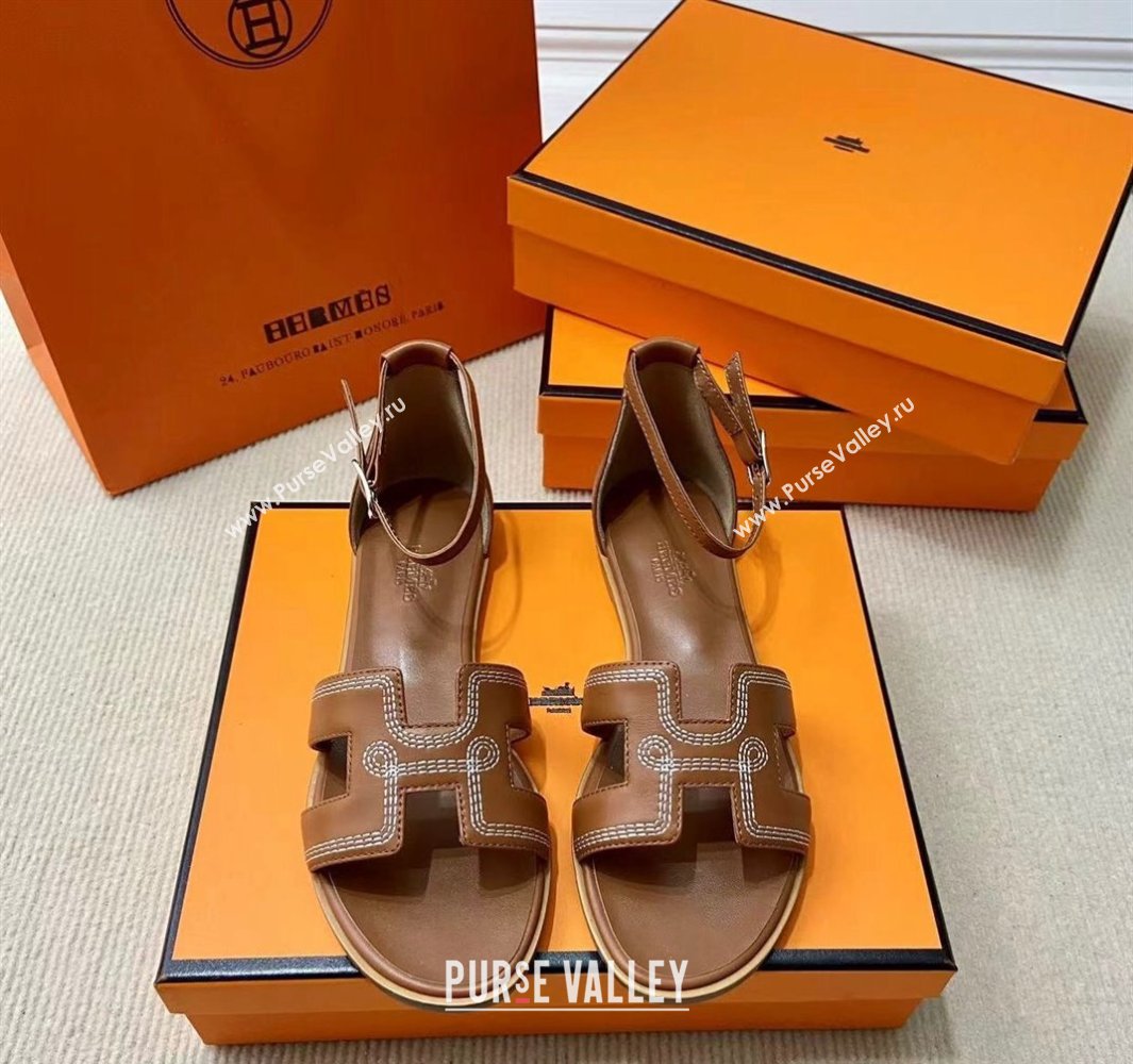 Hermes Santorini sandals Brown in Calfskin with H cut-out and Stitches details Top Quality 2024 (mingdu-24022609)