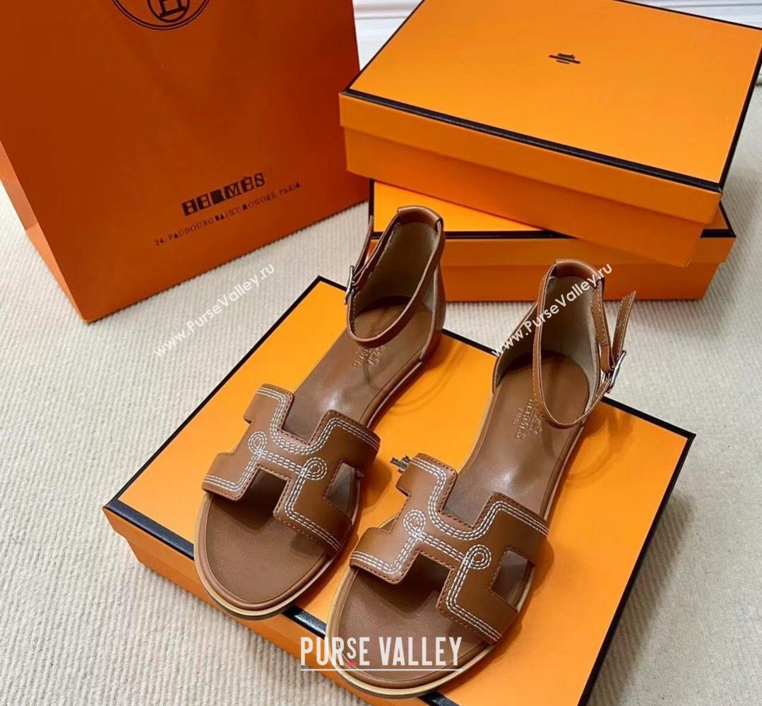 Hermes Santorini sandals Brown in Calfskin with H cut-out and Stitches details Top Quality 2024 (mingdu-24022609)