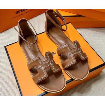 Hermes Santorini sandals Brown in Calfskin with H cut-out and Stitches details Top Quality 2024 (mingdu-24022609)