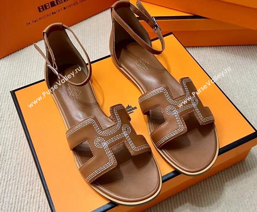 Hermes Santorini sandals Brown in Calfskin with H cut-out and Stitches details Top Quality 2024 (mingdu-24022609)