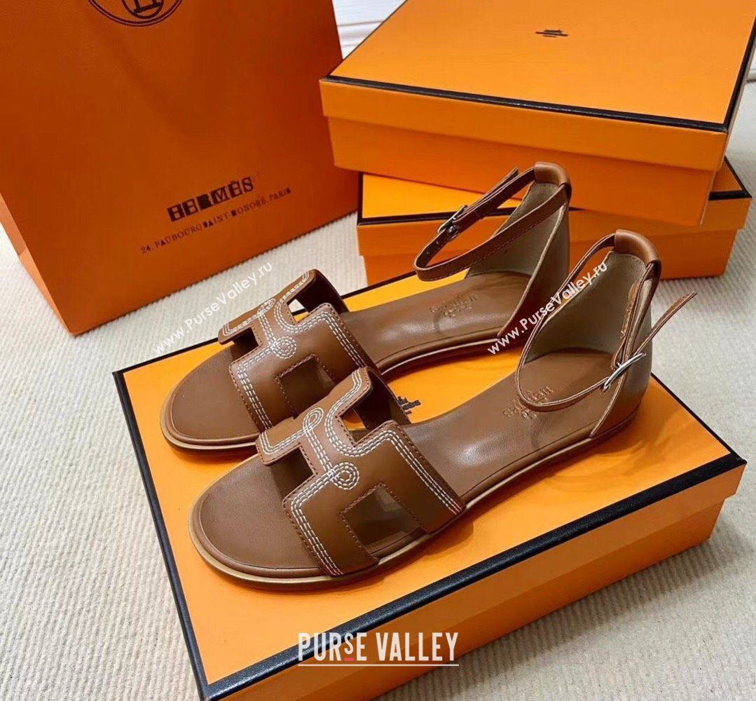 Hermes Santorini sandals Brown in Calfskin with H cut-out and Stitches details Top Quality 2024 (mingdu-24022609)