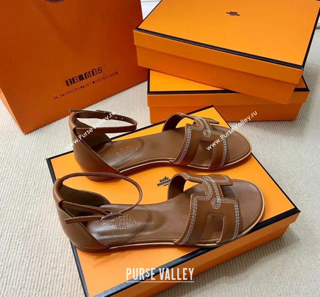 Hermes Santorini sandals Brown in Calfskin with H cut-out and Stitches details Top Quality 2024 (mingdu-24022609)