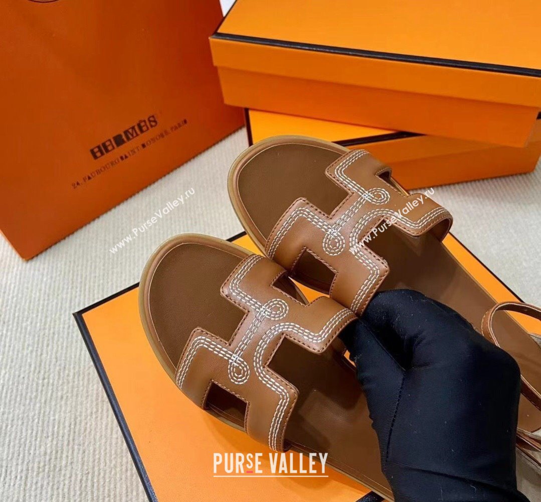 Hermes Santorini sandals Brown in Calfskin with H cut-out and Stitches details Top Quality 2024 (mingdu-24022609)