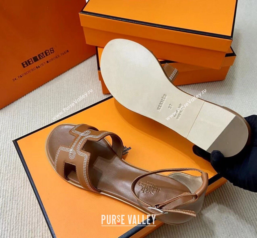 Hermes Santorini sandals Brown in Calfskin with H cut-out and Stitches details Top Quality 2024 (mingdu-24022609)