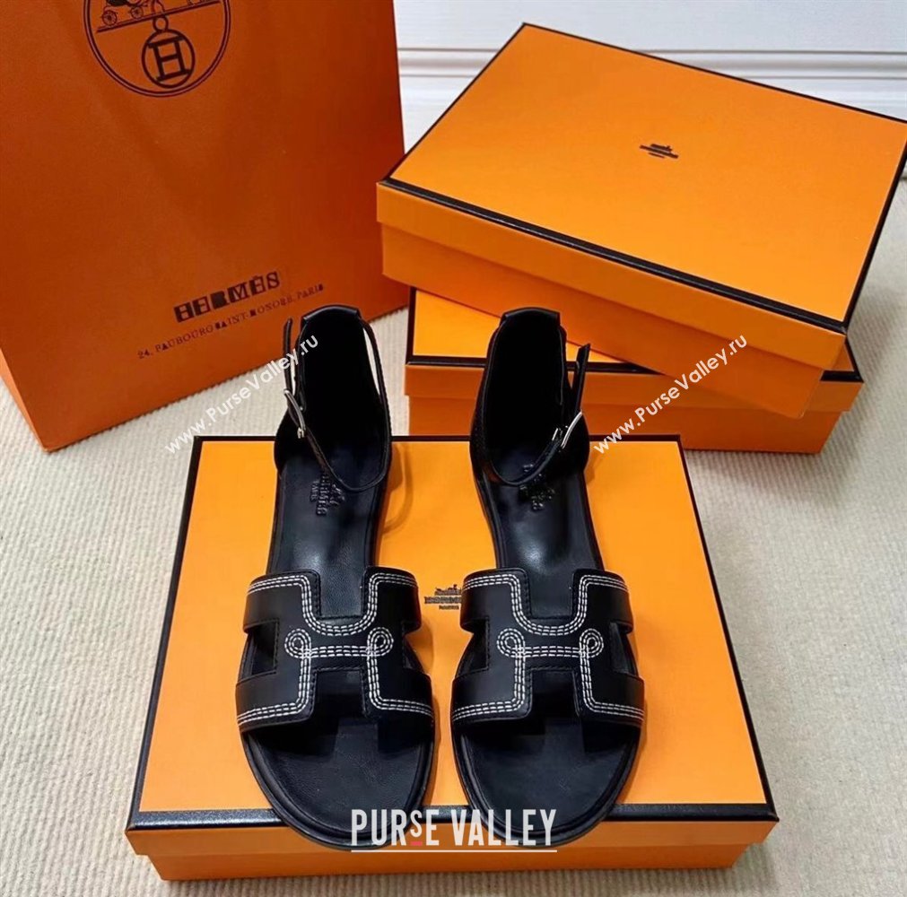 Hermes Santorini sandals in Calfskin Black with H cut-out and Stitches details Top Quality 2024 (mingdu-24022607)