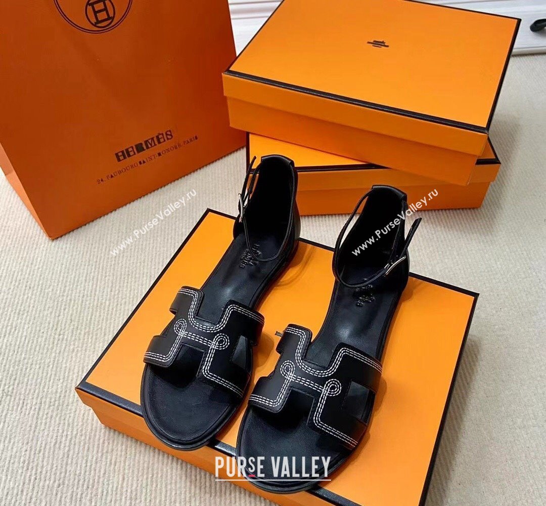 Hermes Santorini sandals in Calfskin Black with H cut-out and Stitches details Top Quality 2024 (mingdu-24022607)