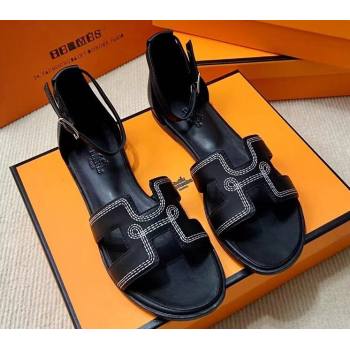 Hermes Santorini sandals in Calfskin Black with H cut-out and Stitches details Top Quality 2024 (mingdu-24022607)