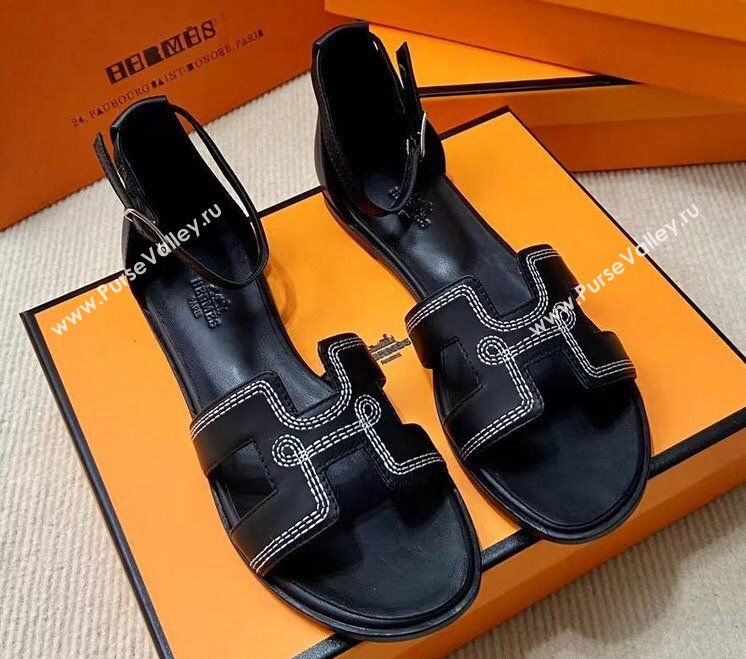 Hermes Santorini sandals in Calfskin Black with H cut-out and Stitches details Top Quality 2024 (mingdu-24022607)