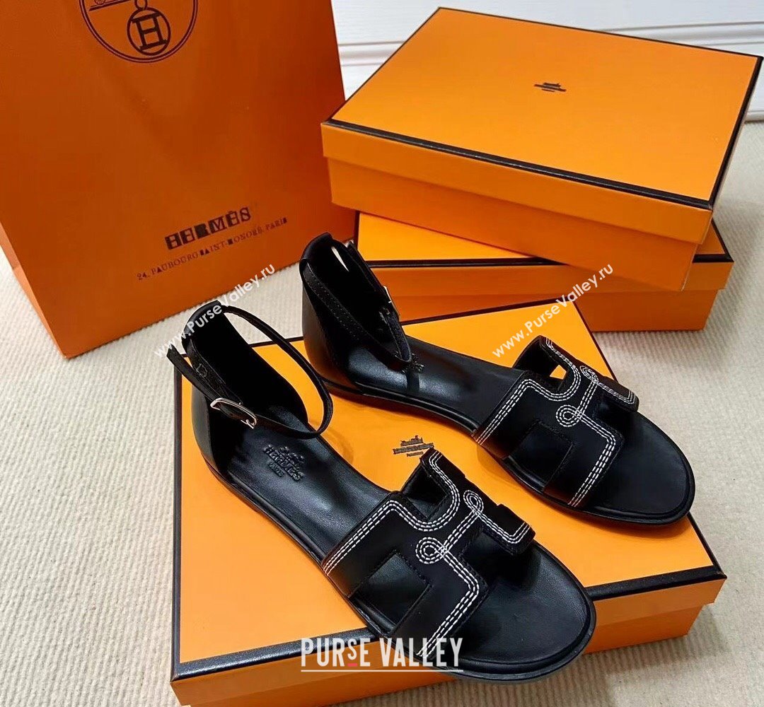 Hermes Santorini sandals in Calfskin Black with H cut-out and Stitches details Top Quality 2024 (mingdu-24022607)